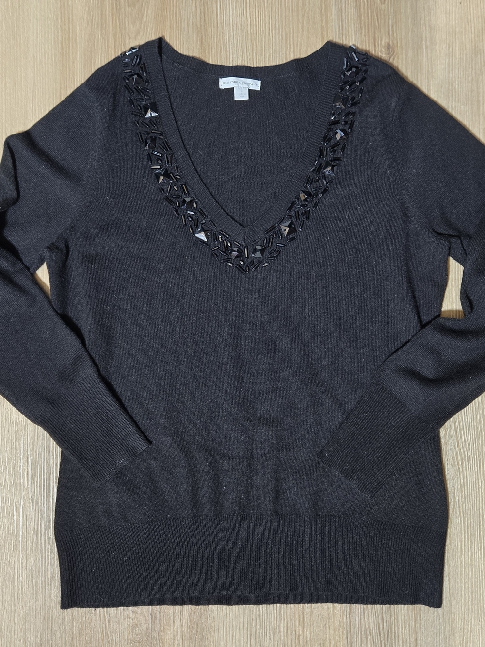 New York & Company Black V-Neck Sweater with Bead Trim